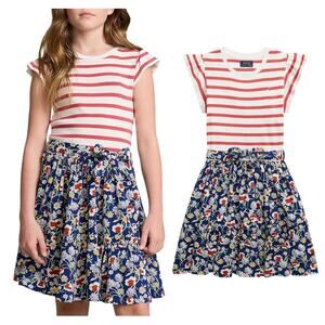 Polo Ralph Lauren Girls Striped Floral Cotton Blend Dress, Multi Size X-Large 16